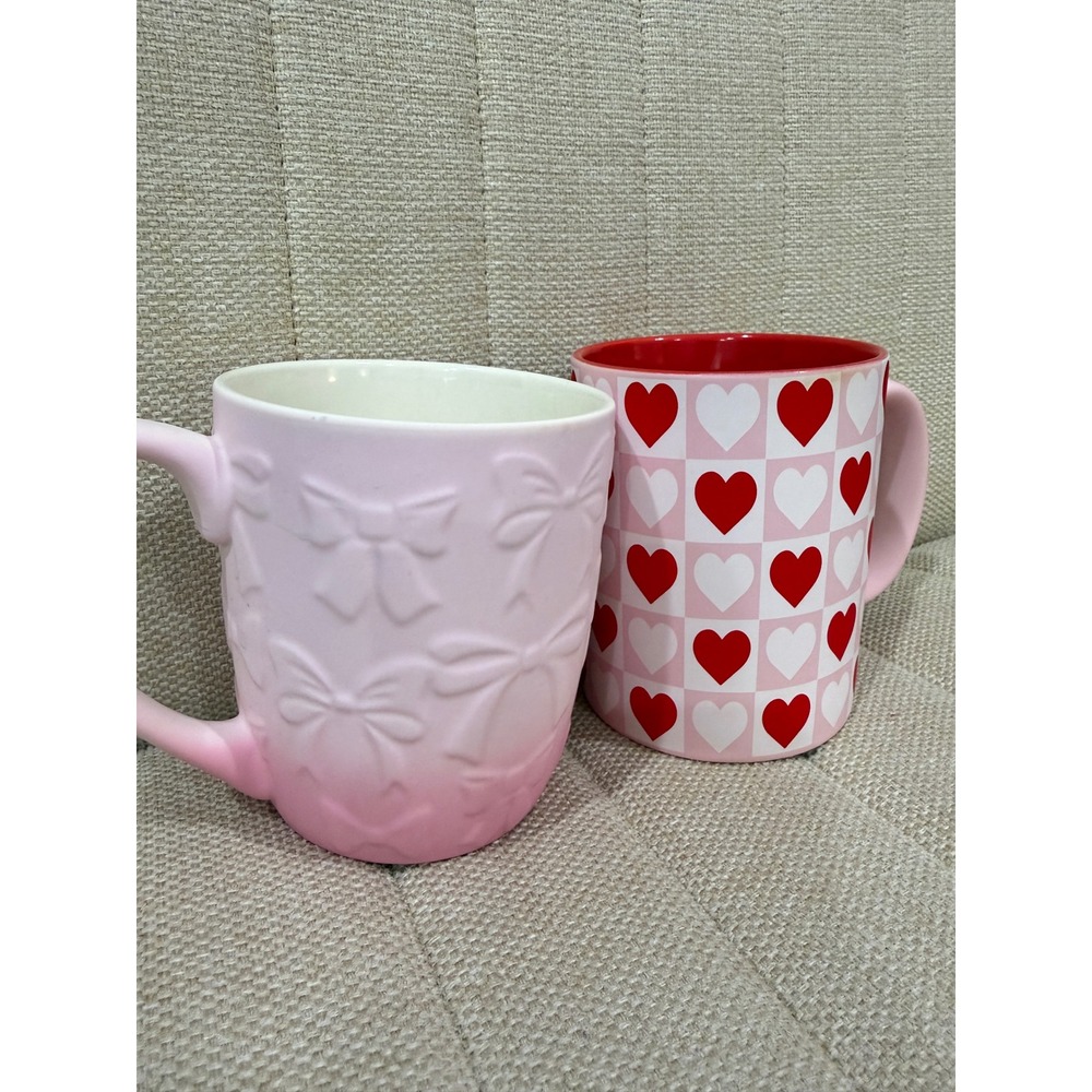 Petal & Pearl Sunday Morning Ceramics Mugs Embossed Bow Heart Pink‎ Red